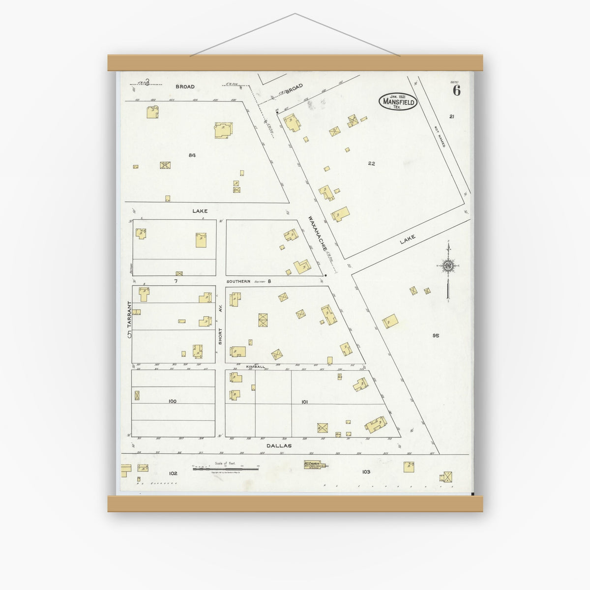 Old map wall art mockup — magnetic wood frame on white wall — Sanborn Fire Insurance Map from Mansfield, Tarrant County, Texas (1921), Sheet #0006