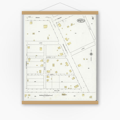 Old map wall art mockup — magnetic wood frame on white wall — Sanborn Fire Insurance Map from Mansfield, Tarrant County, Texas (1921), Sheet #0006