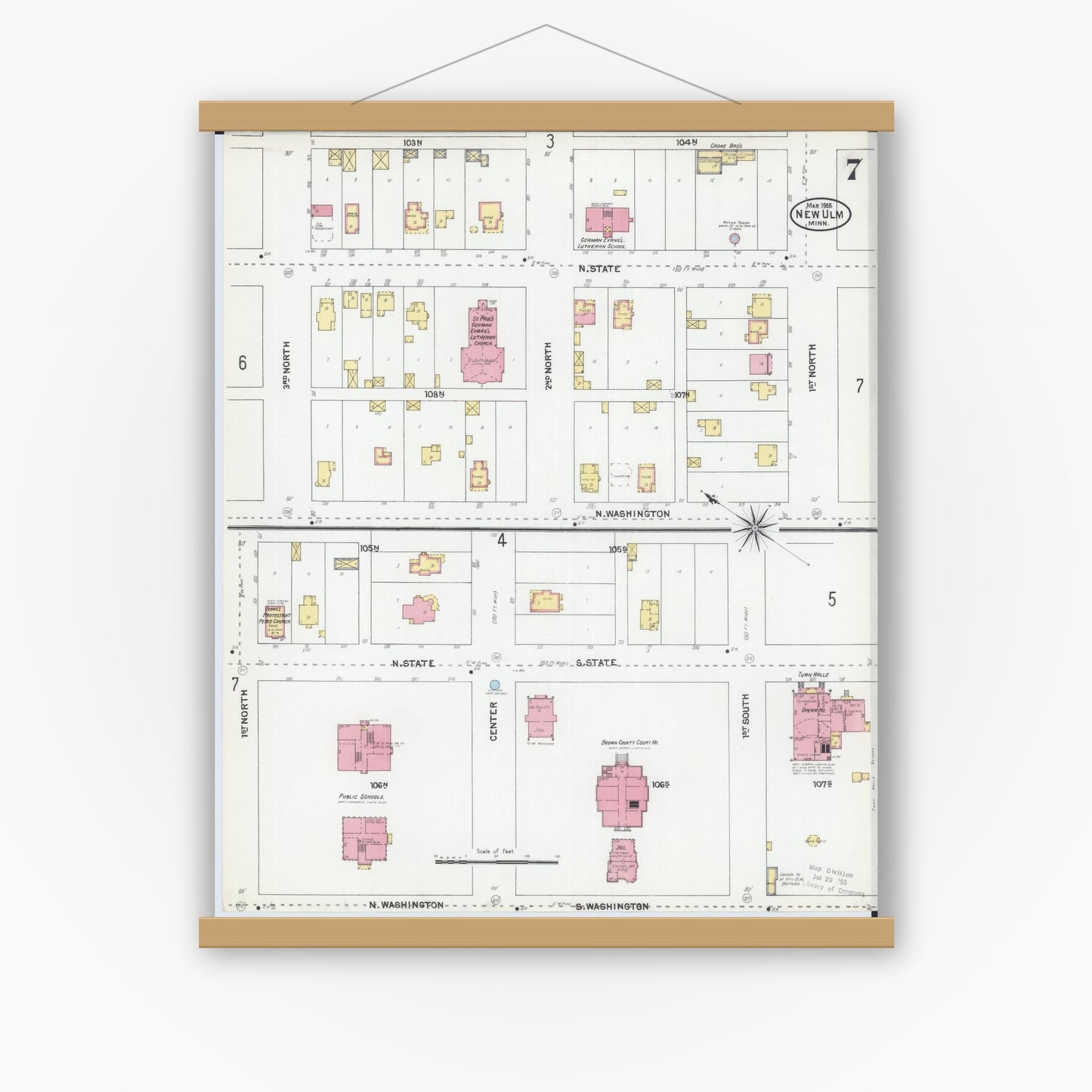 Old map wall art mockup — magnetic wood frame on white wall — Sanborn Fire Insurance Map from New Ulm, Brown County, Minnesota (1905), Sheet #0007