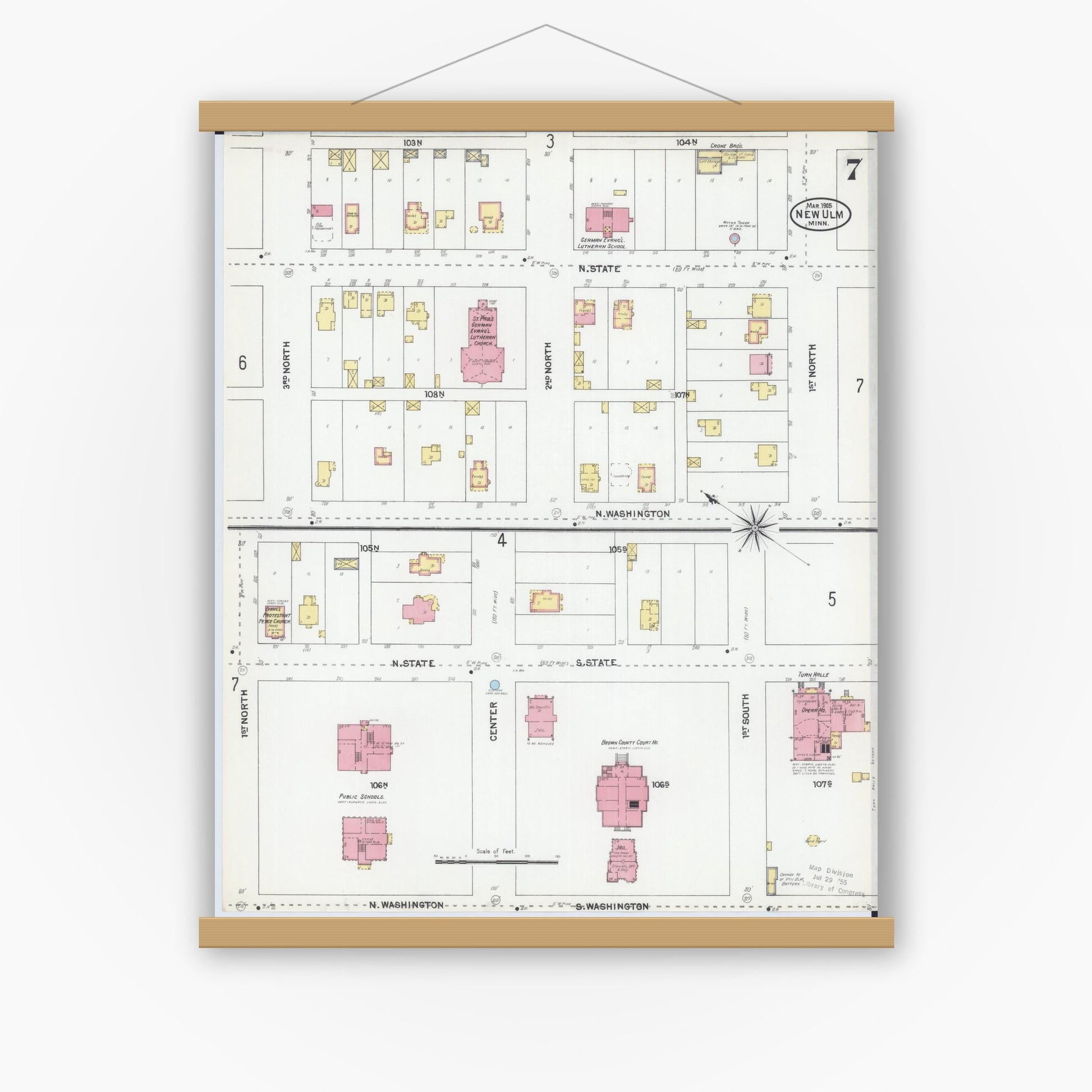 Old map wall art mockup — magnetic wood frame on white wall — Sanborn Fire Insurance Map from New Ulm, Brown County, Minnesota (1905), Sheet #0007