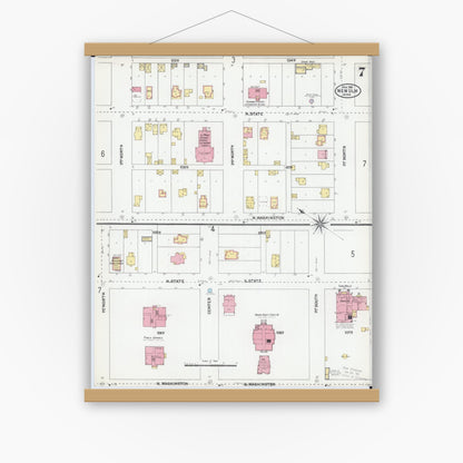 Old map wall art mockup — magnetic wood frame on white wall — Sanborn Fire Insurance Map from New Ulm, Brown County, Minnesota (1905), Sheet #0007