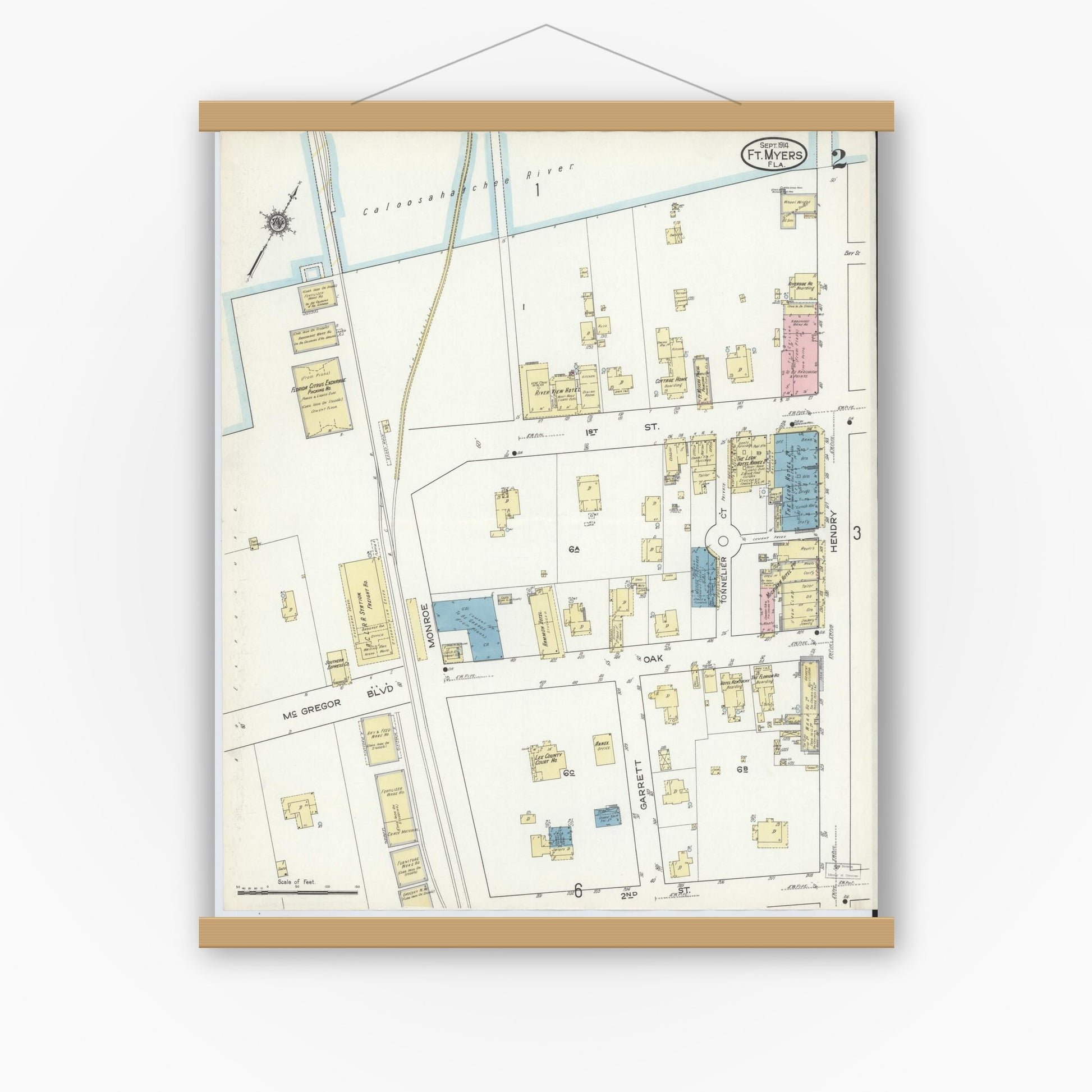Old map wall art mockup — magnetic wood frame on white wall — Sanborn Fire Insurance Map from Fort Myers, Lee County, Florida (1914), Sheet #0002