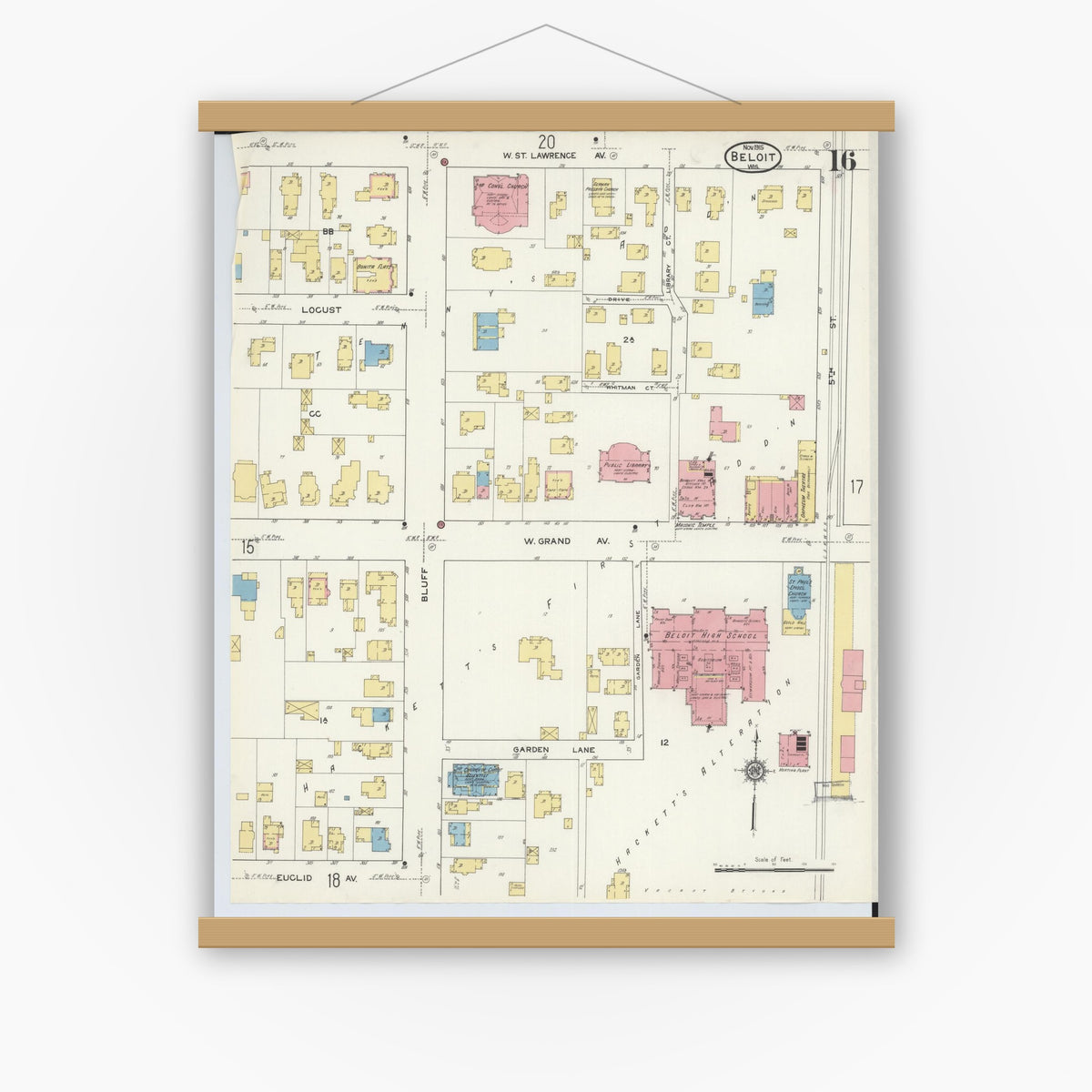 Old map wall art mockup — magnetic wood frame on white wall — Sanborn Fire Insurance Map from Beloit, Rock County, Wisconsin (1915), Sheet #0016