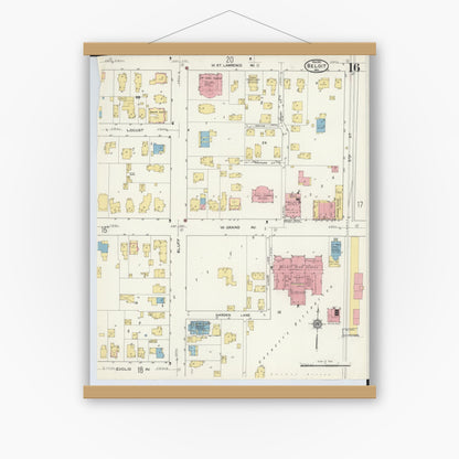 Old map wall art mockup — magnetic wood frame on white wall — Sanborn Fire Insurance Map from Beloit, Rock County, Wisconsin (1915), Sheet #0016