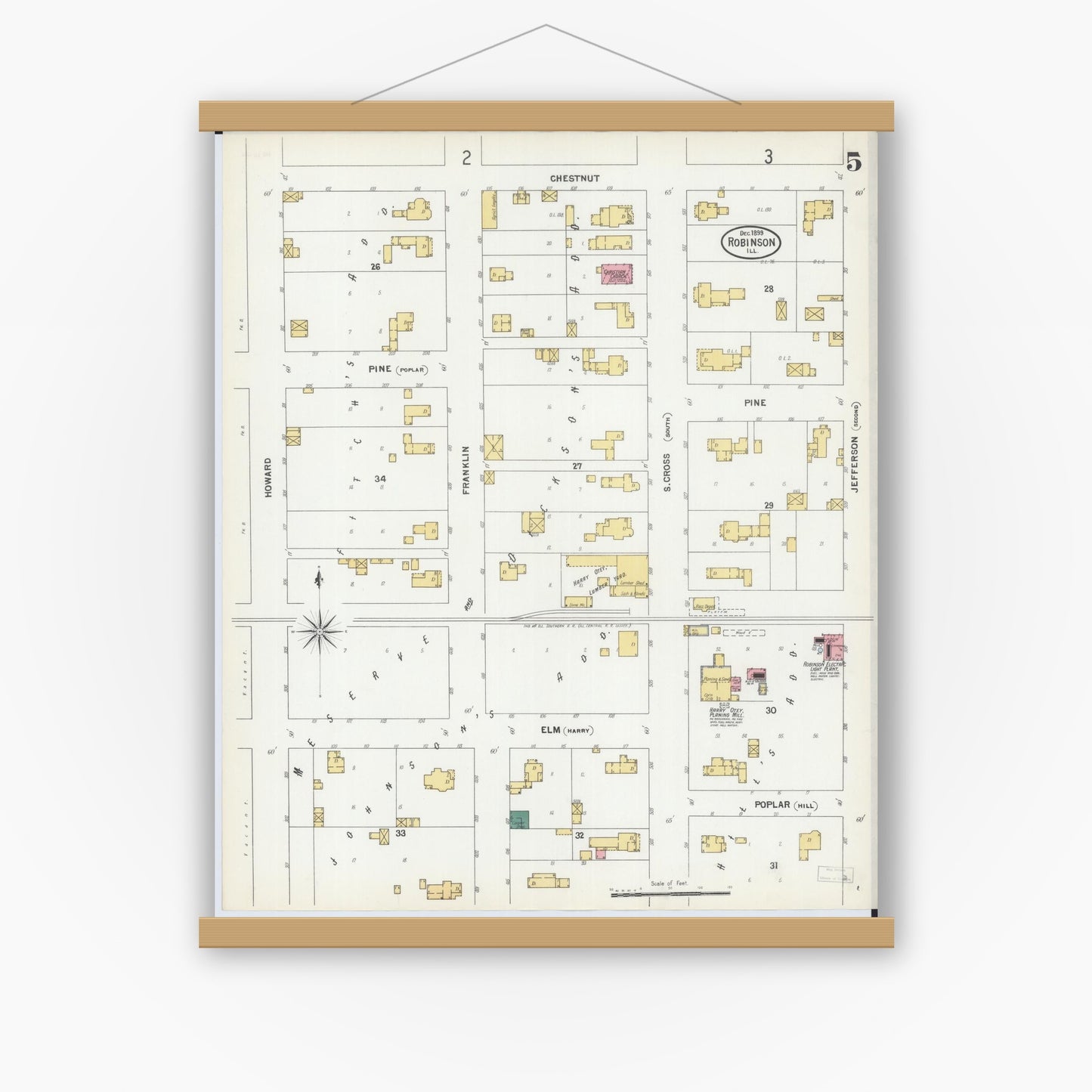 Old map wall art mockup — magnetic wood frame on white wall — Sanborn Fire Insurance Map from Robinson, Crawford County, Illinois (1899), Sheet #0005