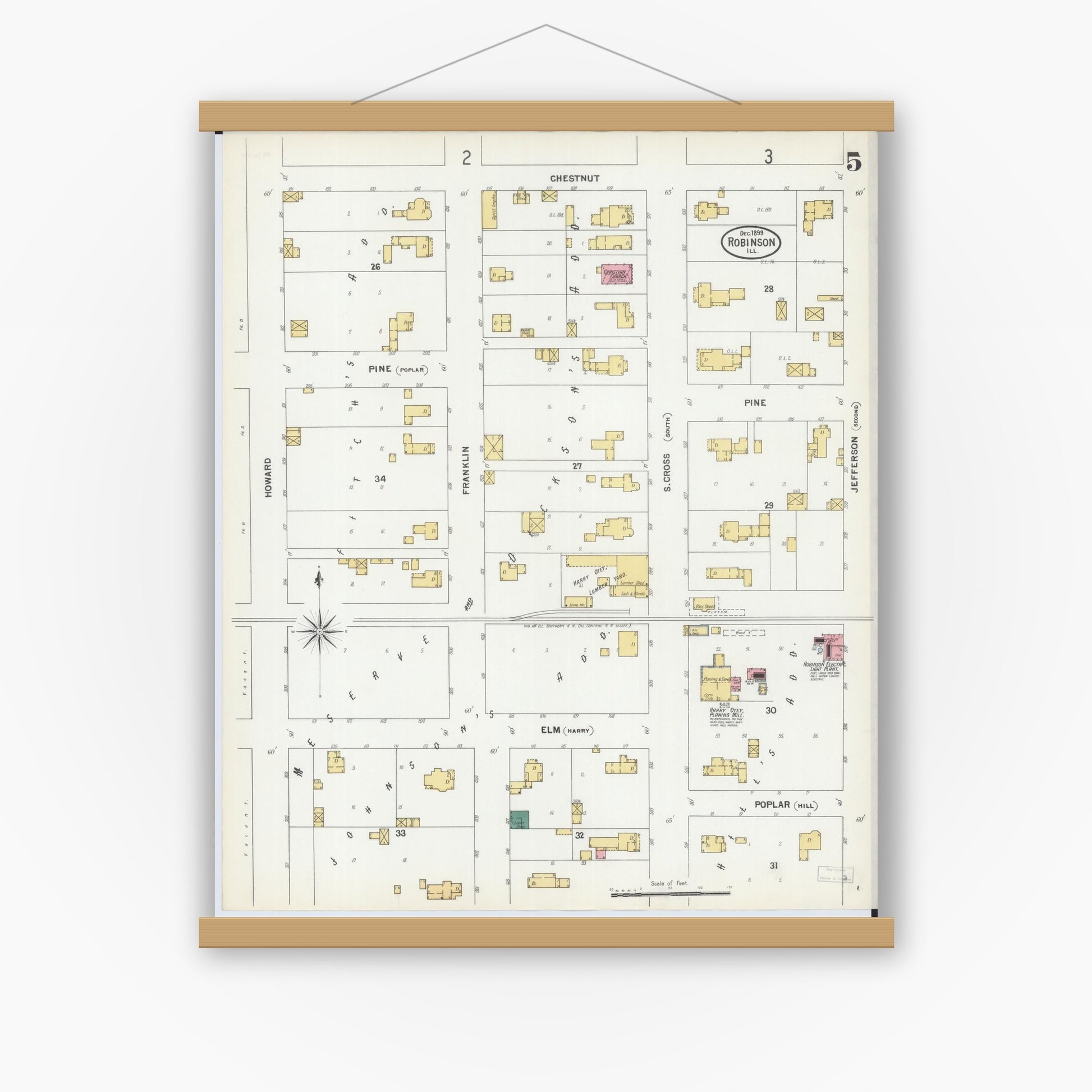 Old map wall art mockup — magnetic wood frame on white wall — Sanborn Fire Insurance Map from Robinson, Crawford County, Illinois (1899), Sheet #0005