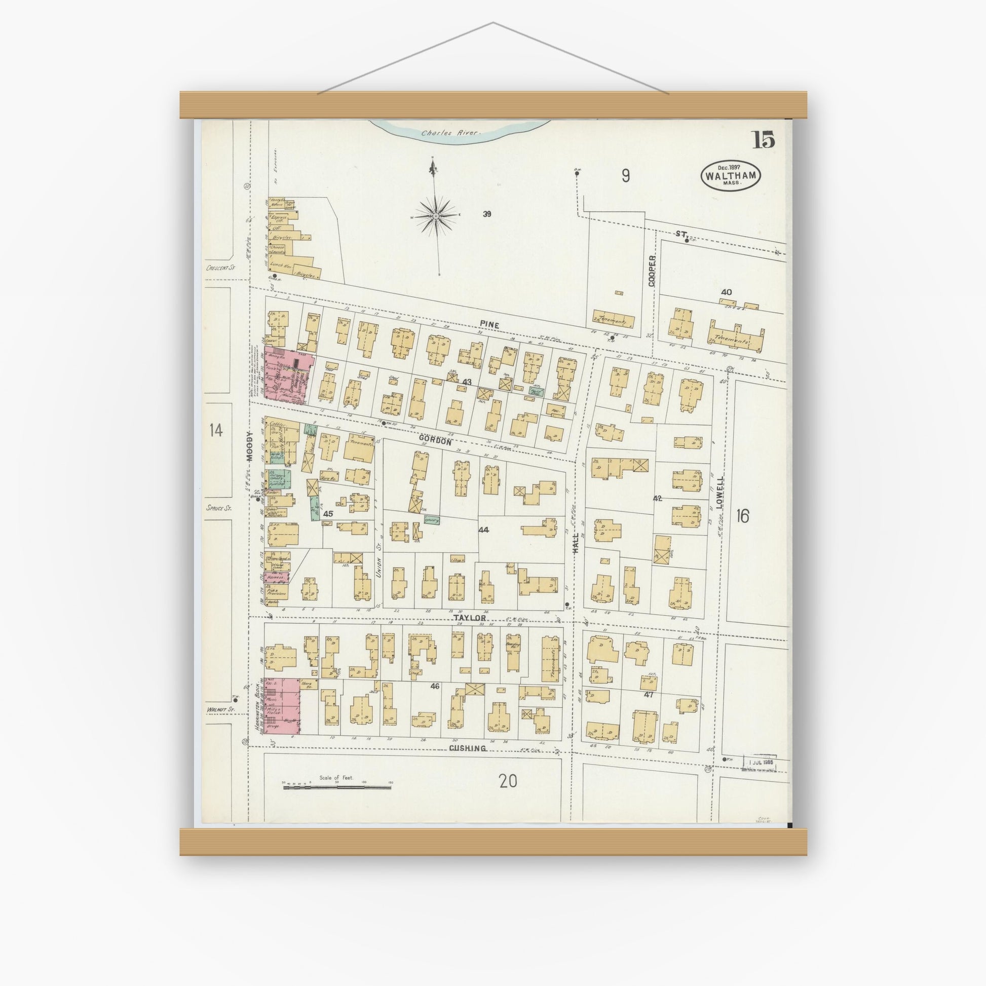Old map wall art mockup — magnetic wood frame on white wall — Sanborn Fire Insurance Map from Waltham, Middlesex County, Massachusetts (1897), Sheet #0015