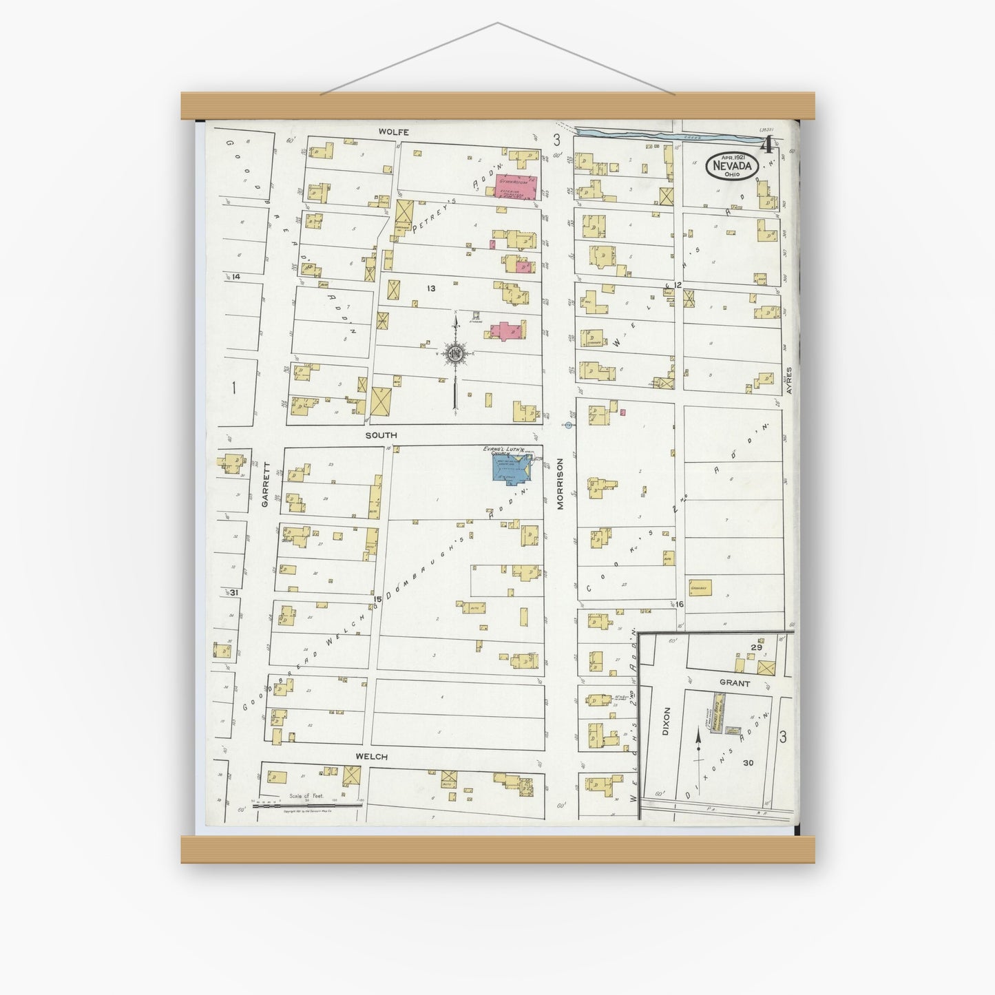 Old map wall art mockup — magnetic wood frame on white wall — Sanborn Fire Insurance Map from Nevada, Wyandot County, Ohio (1921), Sheet #0004