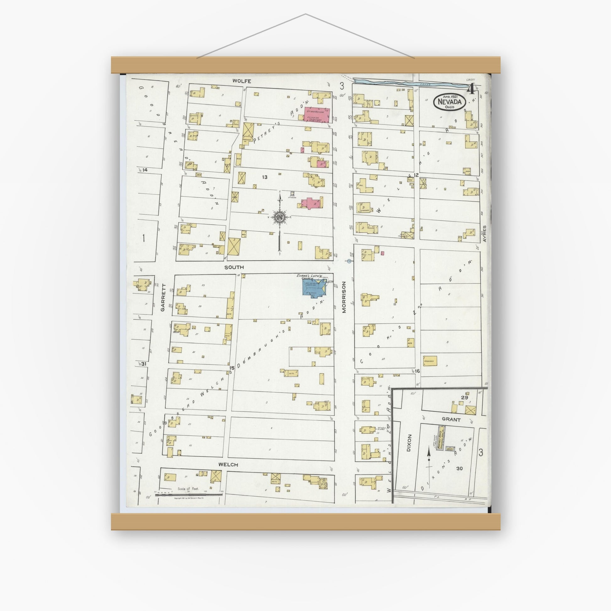 Old map wall art mockup — magnetic wood frame on white wall — Sanborn Fire Insurance Map from Nevada, Wyandot County, Ohio (1921), Sheet #0004