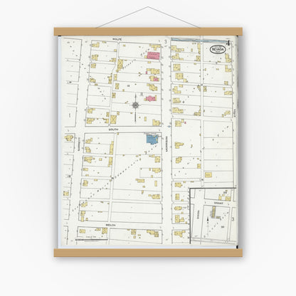 Old map wall art mockup — magnetic wood frame on white wall — Sanborn Fire Insurance Map from Nevada, Wyandot County, Ohio (1921), Sheet #0004
