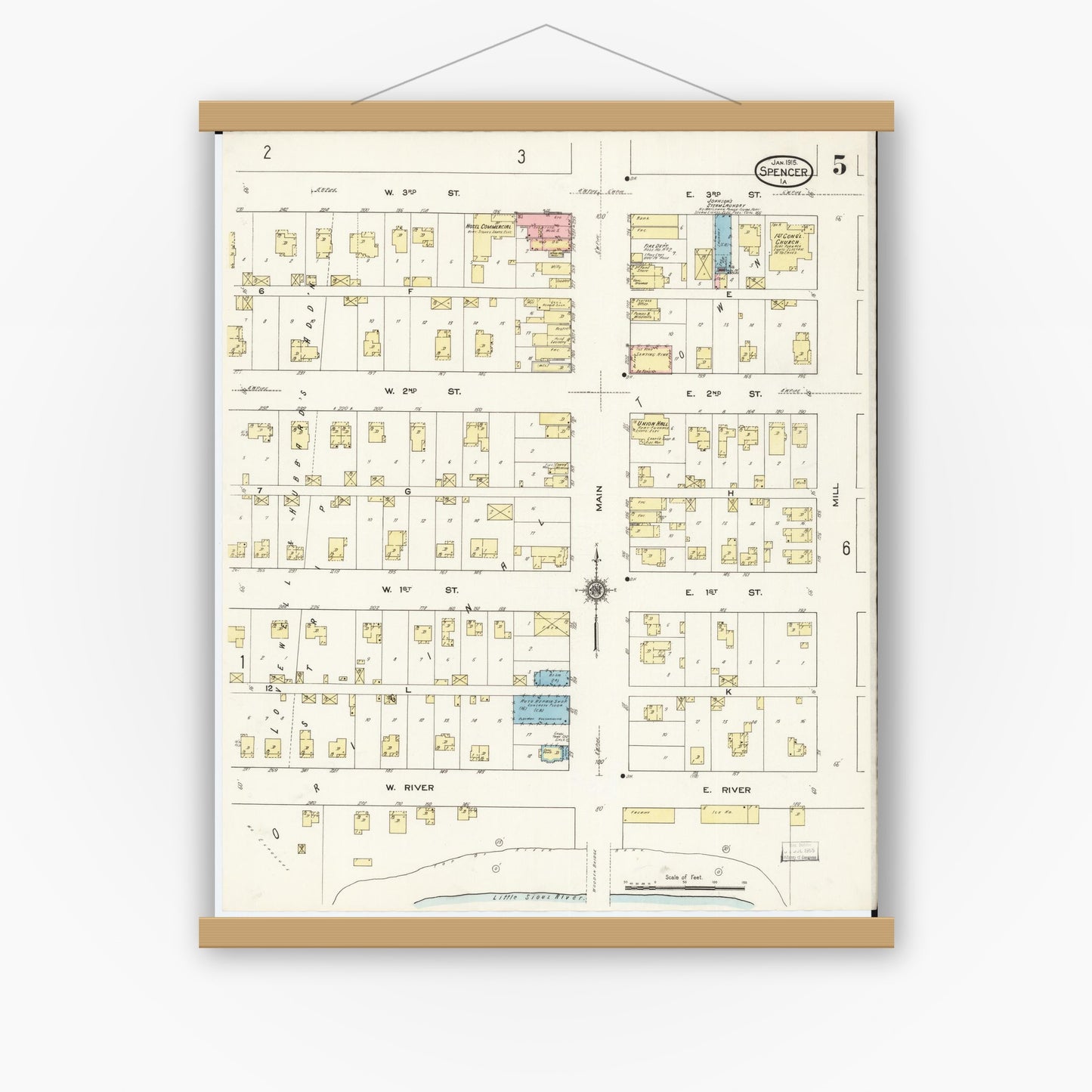 Old map wall art mockup — magnetic wood frame on white wall — Sanborn Fire Insurance Map from Spencer, Clay County, Iowa (1915), Sheet #0005