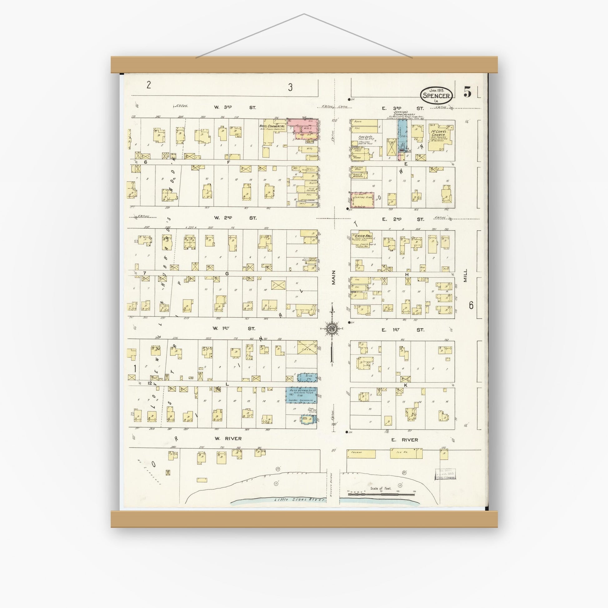 Old map wall art mockup — magnetic wood frame on white wall — Sanborn Fire Insurance Map from Spencer, Clay County, Iowa (1915), Sheet #0005