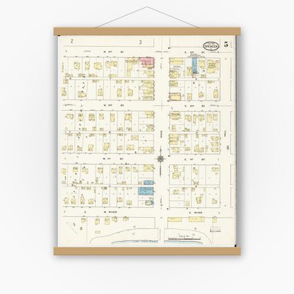 Old map wall art mockup — magnetic wood frame on white wall — Sanborn Fire Insurance Map from Spencer, Clay County, Iowa (1915), Sheet #0005