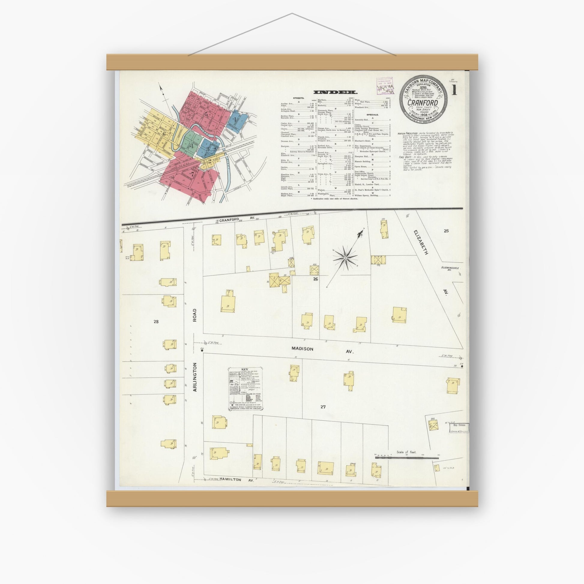 Old map wall art mockup — magnetic wood frame on white wall — Sanborn Fire Insurance Map from Cranford, Union County, New Jersey (1908), Sheet #0001