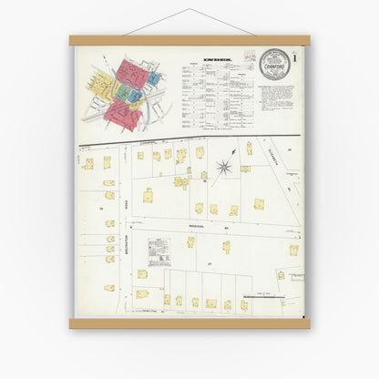 Old map wall art mockup — magnetic wood frame on white wall — Sanborn Fire Insurance Map from Cranford, Union County, New Jersey (1908), Sheet #0001