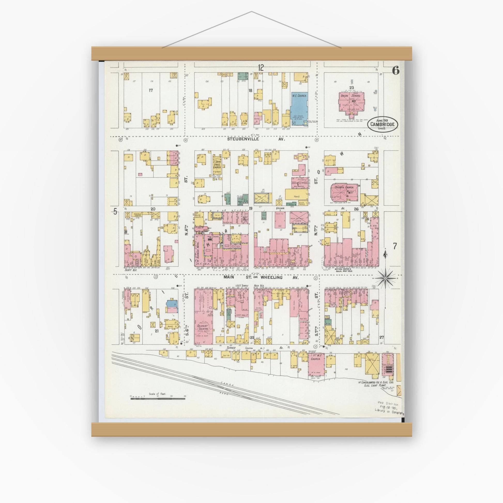 Old map wall art mockup — magnetic wood frame on white wall — Sanborn Fire Insurance Map from Cambridge, Guernsey County, Ohio (1901), Sheet #0006