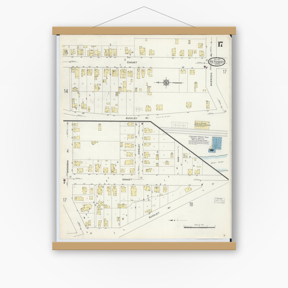 Old map wall art mockup — magnetic wood frame on white wall — Sanborn Fire Insurance Map from Petoskey, Emmet County, Michigan (1913), Sheet #0017