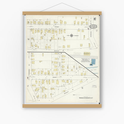 Old map wall art mockup — magnetic wood frame on white wall — Sanborn Fire Insurance Map from Petoskey, Emmet County, Michigan (1913), Sheet #0017