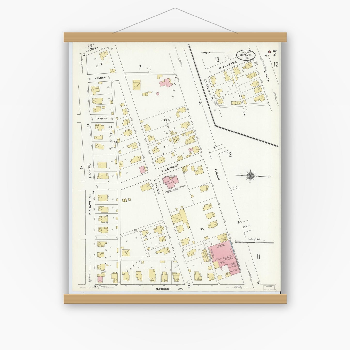 Old map wall art mockup — magnetic wood frame on white wall — Sanborn Fire Insurance Map from Brazil, Clay County, Indiana (1910), Sheet #0007