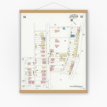 Old map wall art mockup — magnetic wood frame on white wall — Sanborn Fire Insurance Map from Chambersburg, Franklin County, Pennsylvania (1924), Sheet #0015