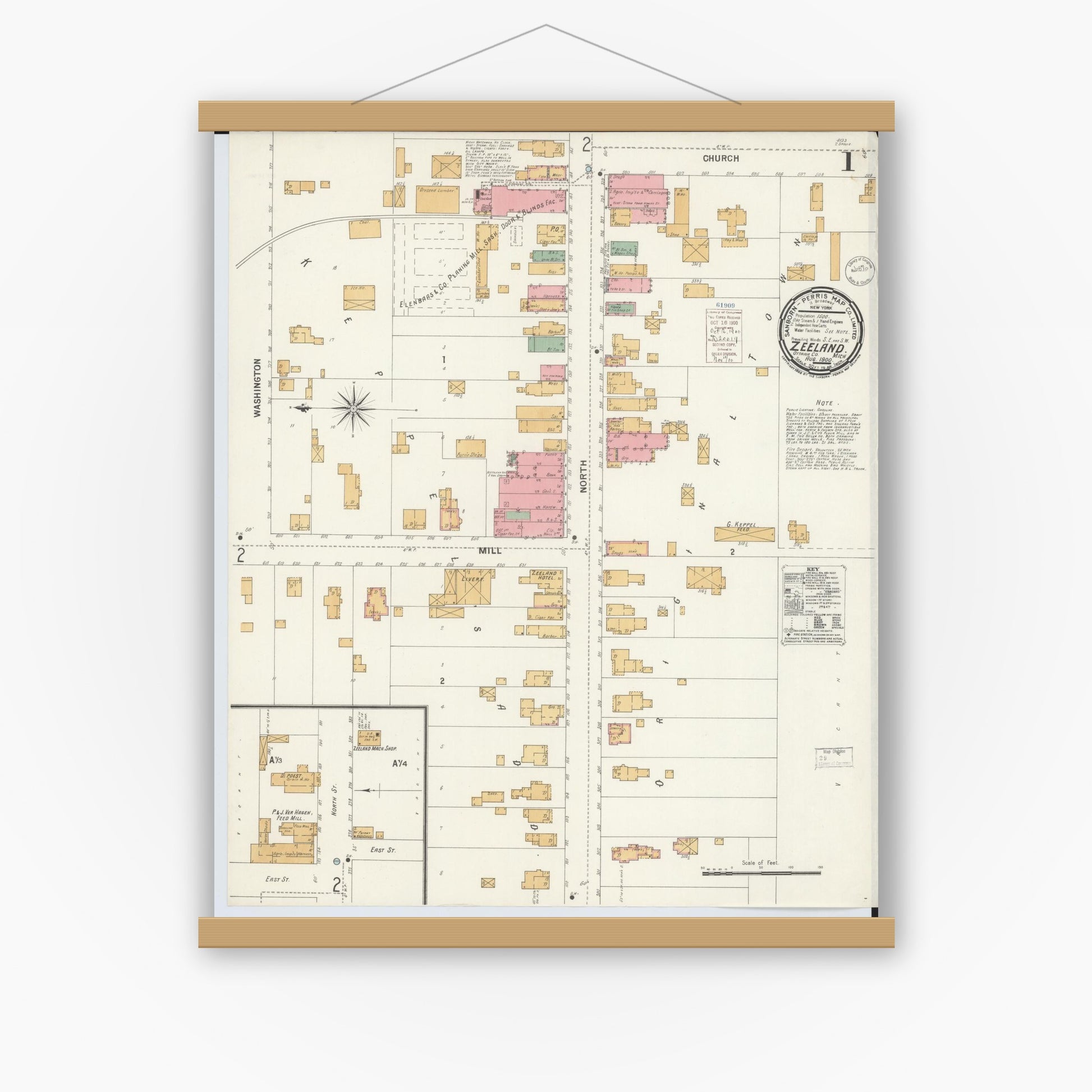 Old map wall art mockup — magnetic wood frame on white wall — Sanborn Fire Insurance Map from Zeeland, Ottawa County, Michigan (1900), Sheet #0001