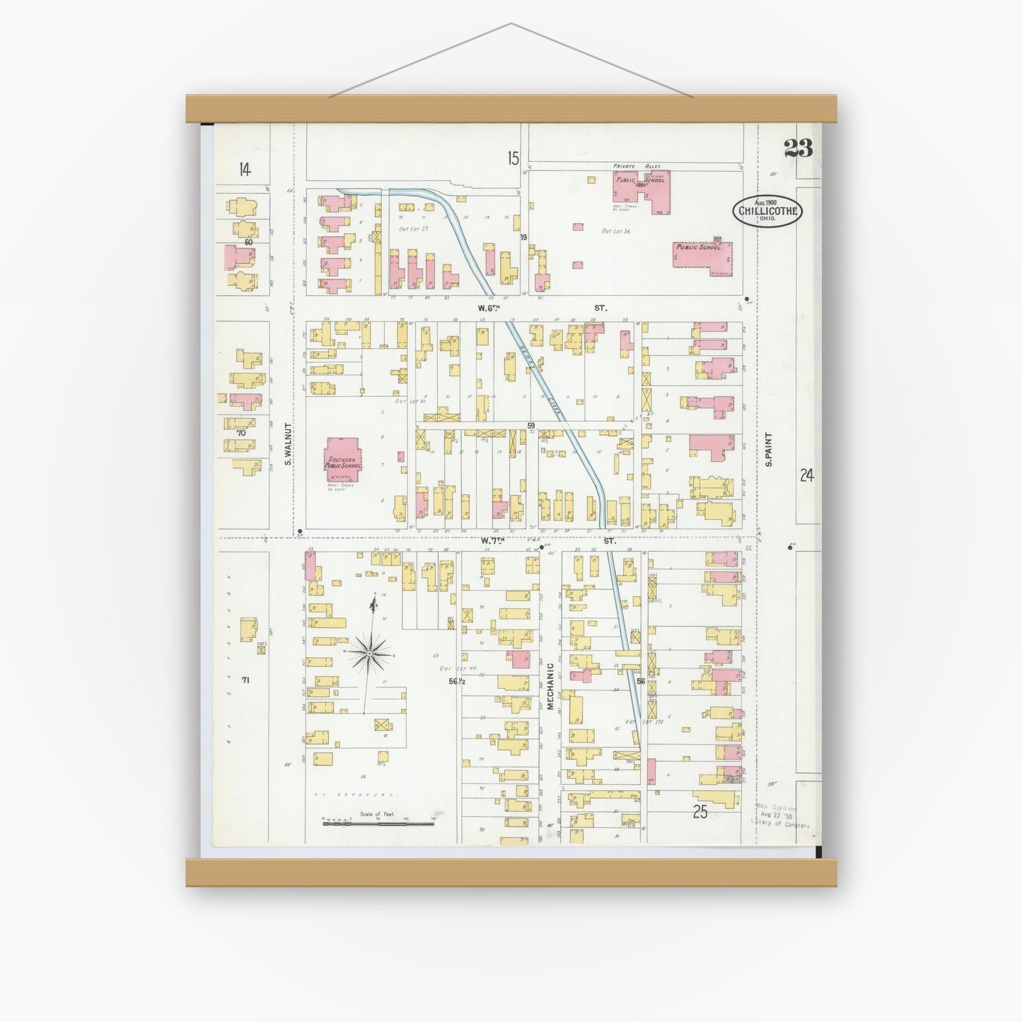 Old map wall art mockup — magnetic wood frame on white wall — Sanborn Fire Insurance Map from Chillicothe, Ross County, Ohio (1900), Sheet #0023