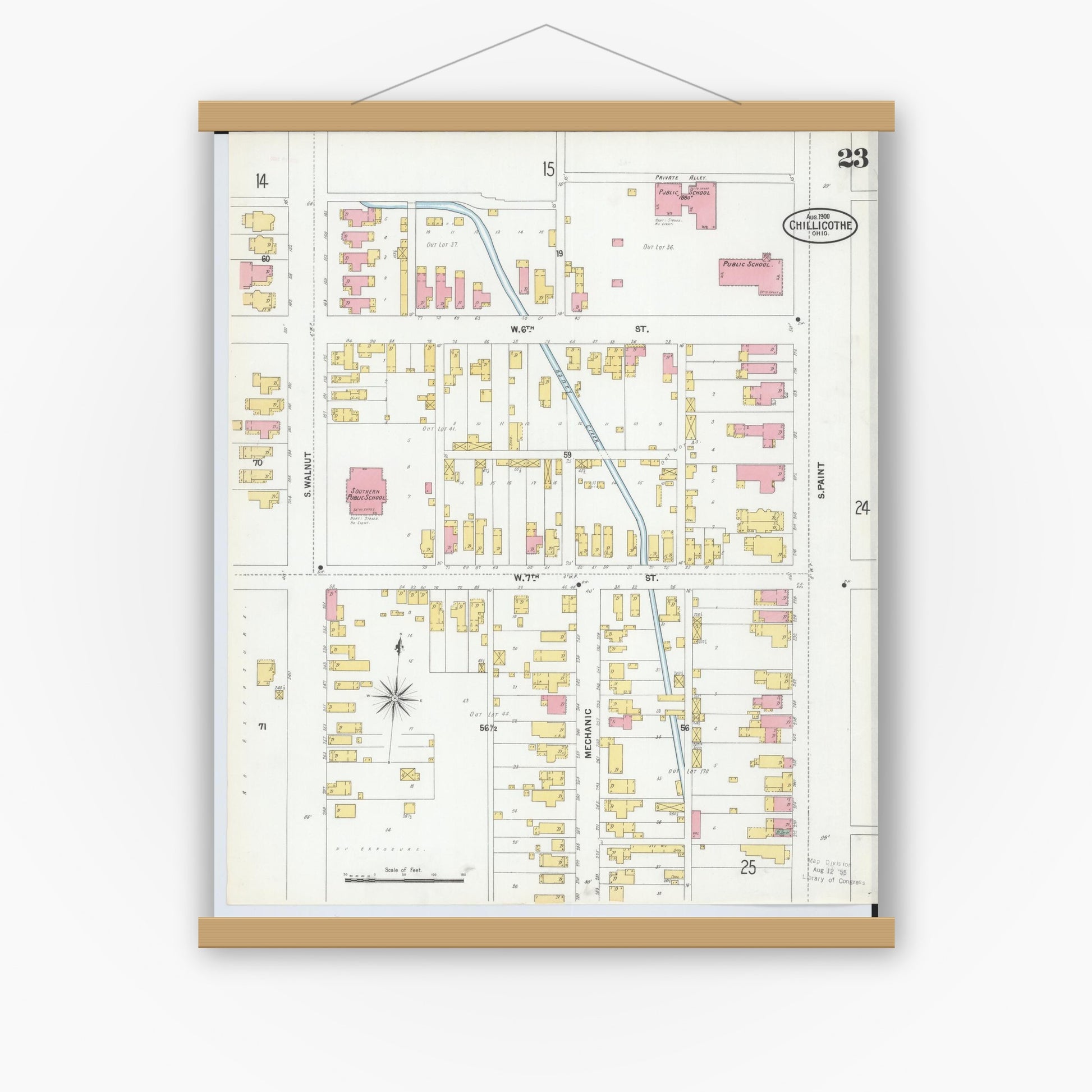 Old map wall art mockup — magnetic wood frame on white wall — Sanborn Fire Insurance Map from Chillicothe, Ross County, Ohio (1900), Sheet #0023