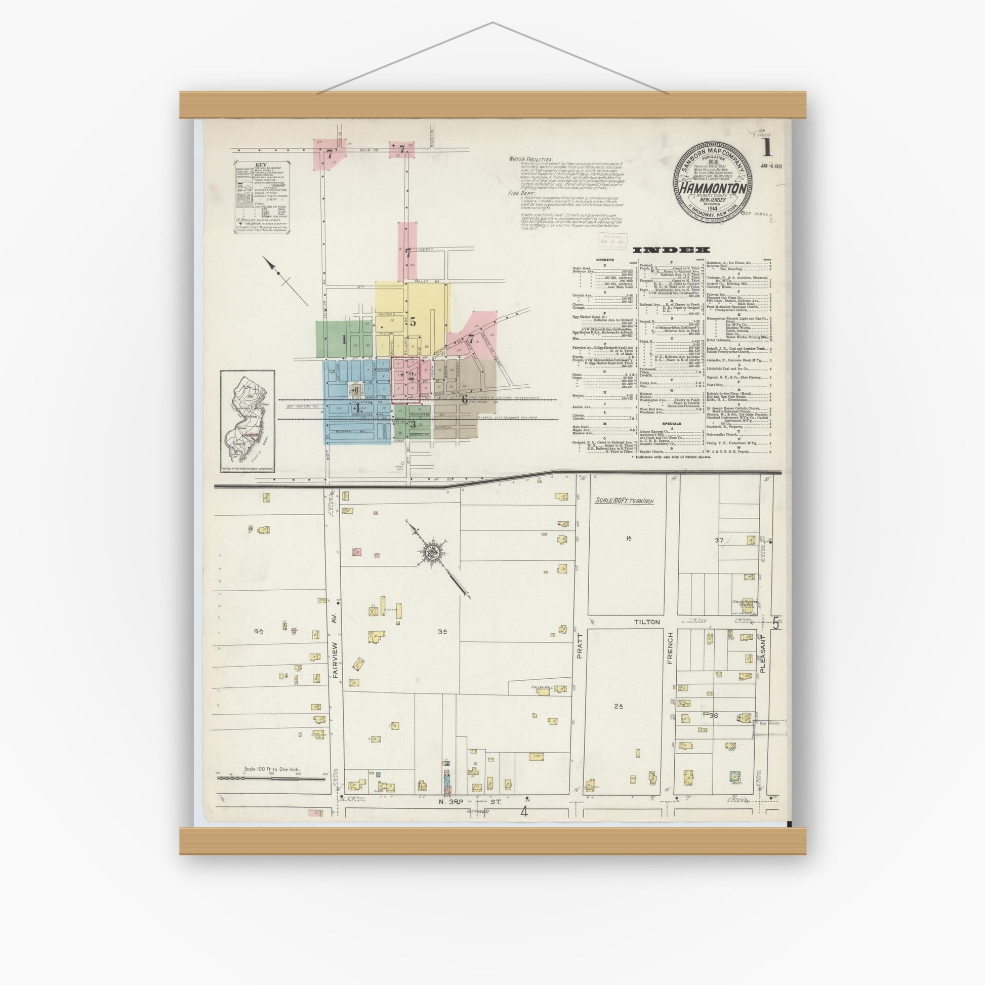 Old map wall art mockup — magnetic wood frame on white wall — Sanborn Fire Insurance Map from Hammonton, Atlantic County, New Jersey (1914) - Complete Map Set