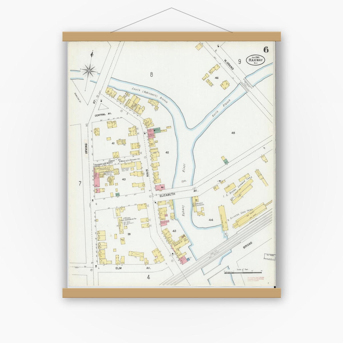 Old map wall art mockup — magnetic wood frame on white wall — Sanborn Fire Insurance Map from Rahway, Union County, New Jersey (1901), Sheet #0006