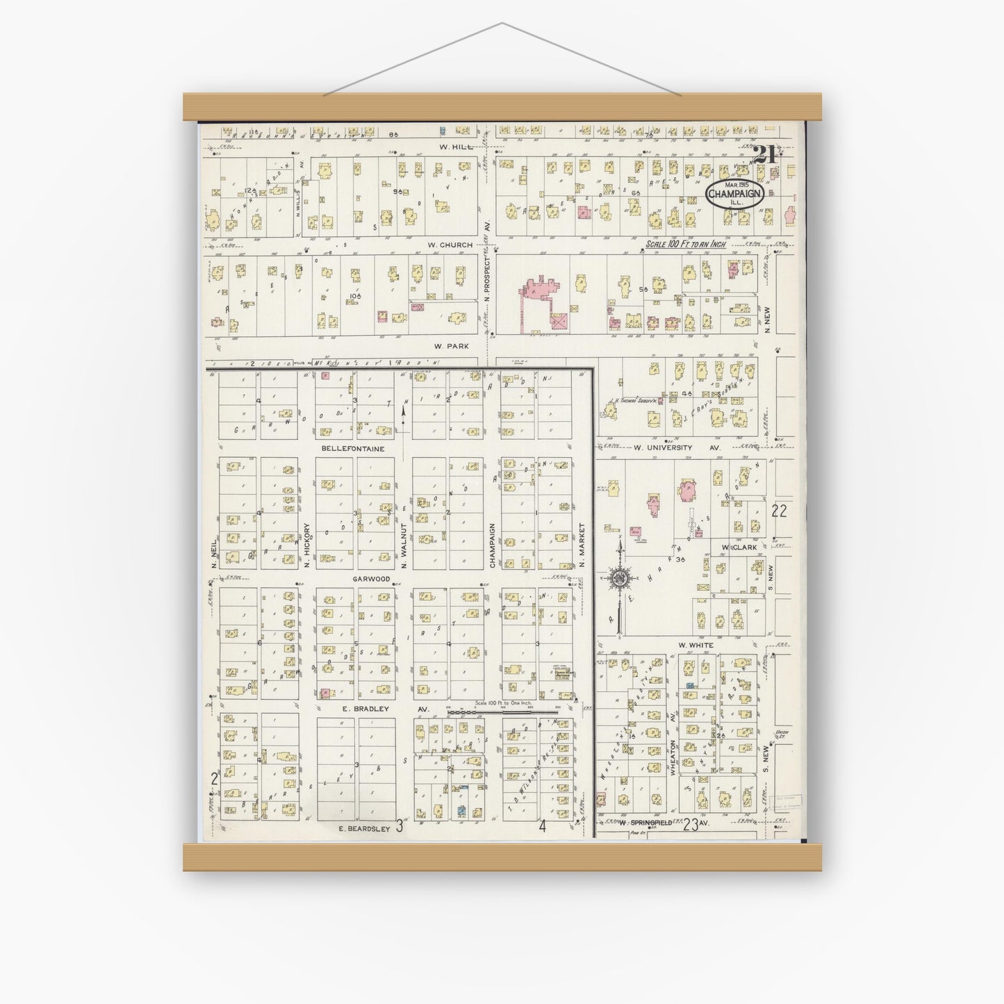 Old map wall art mockup — magnetic wood frame on white wall — Sanborn Fire Insurance Map from Champaign, Champaign County, Illinois (1915), Sheet #0021