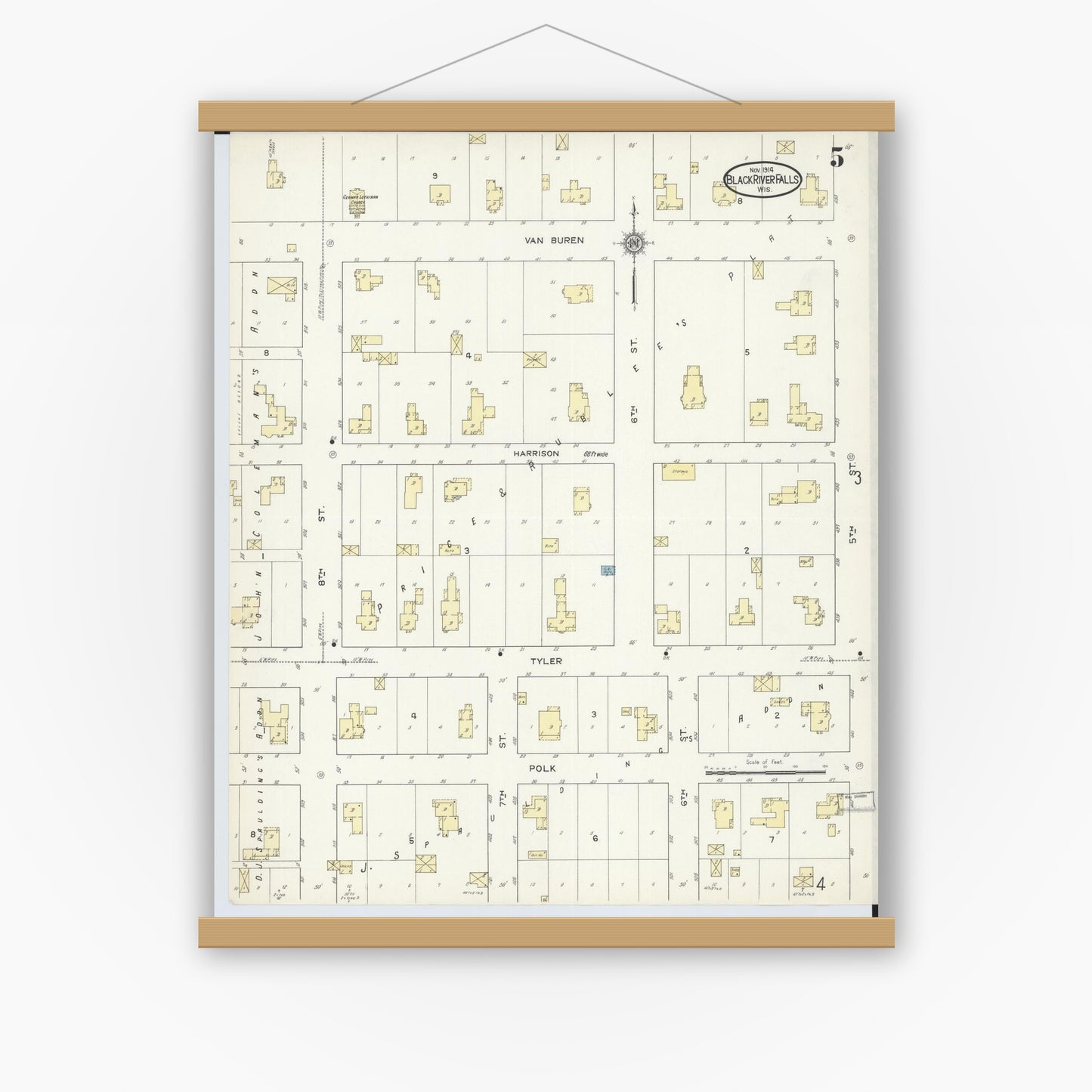 Old map wall art mockup — magnetic wood frame on white wall — Sanborn Fire Insurance Map from Black River Falls, Jackson County, Wisconsin (1914), Sheet #0005