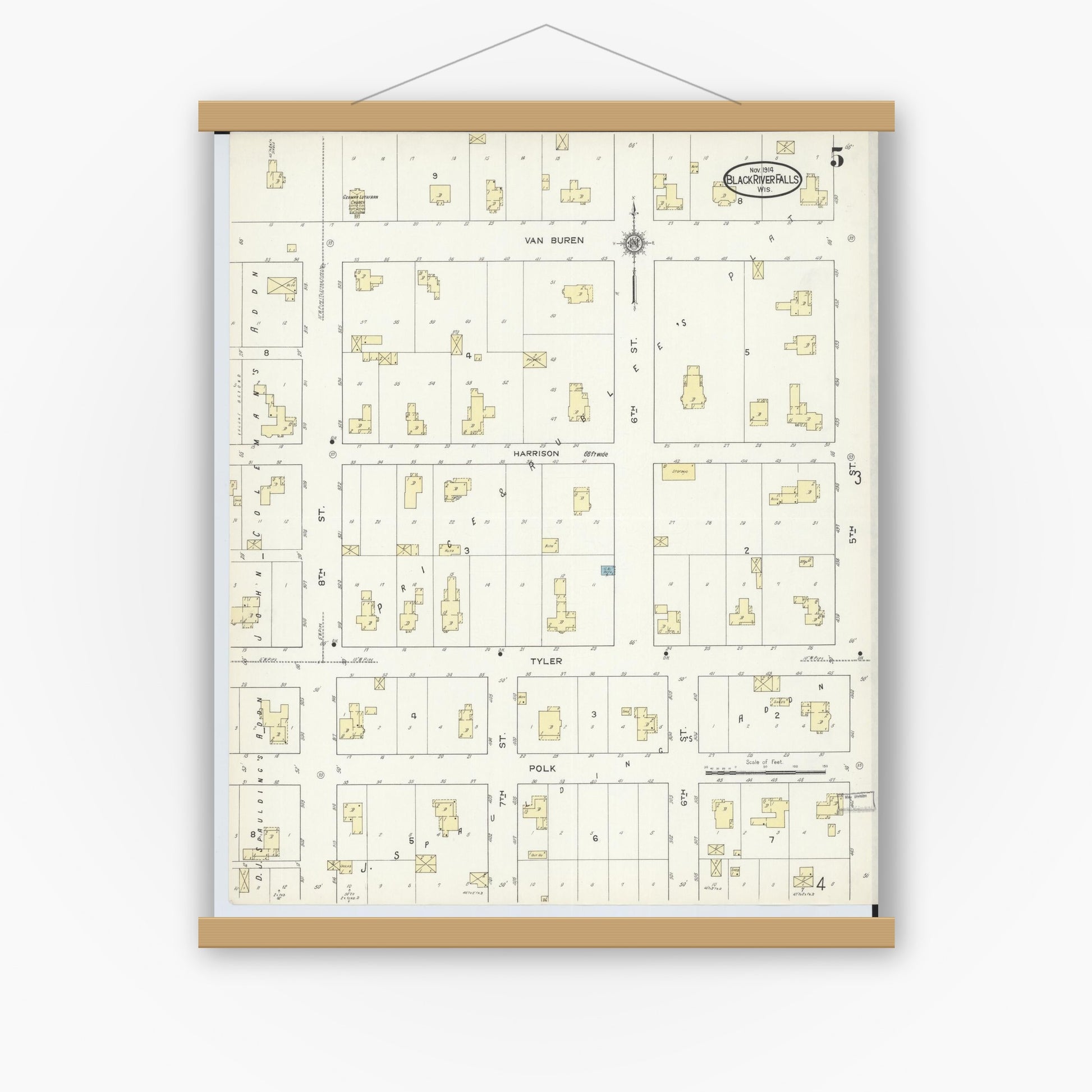 Old map wall art mockup — magnetic wood frame on white wall — Sanborn Fire Insurance Map from Black River Falls, Jackson County, Wisconsin (1914), Sheet #0005