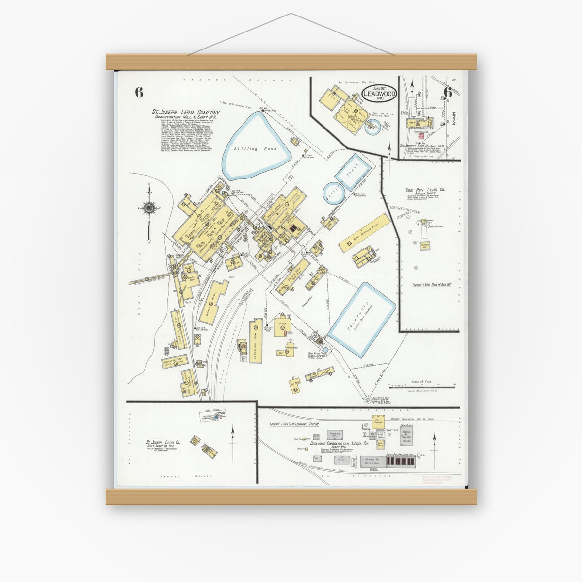 Old map wall art mockup — magnetic wood frame on white wall — Sanborn Fire Insurance Map from Leadwood, Saint Francois County, Missouri (1927), Sheet #0006