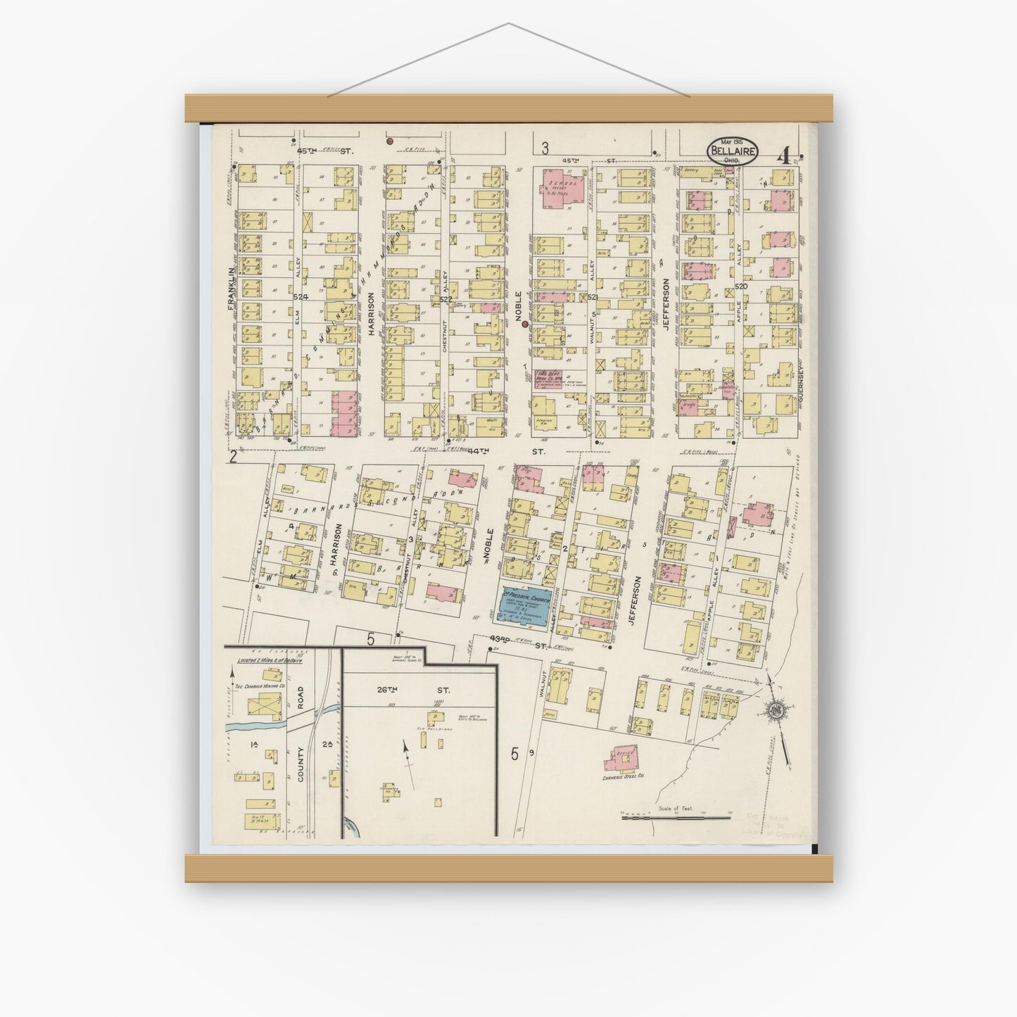 Old map wall art mockup — magnetic wood frame on white wall — Sanborn Fire Insurance Map from Bellaire, Belmont County, Ohio (1915), Sheet #0004