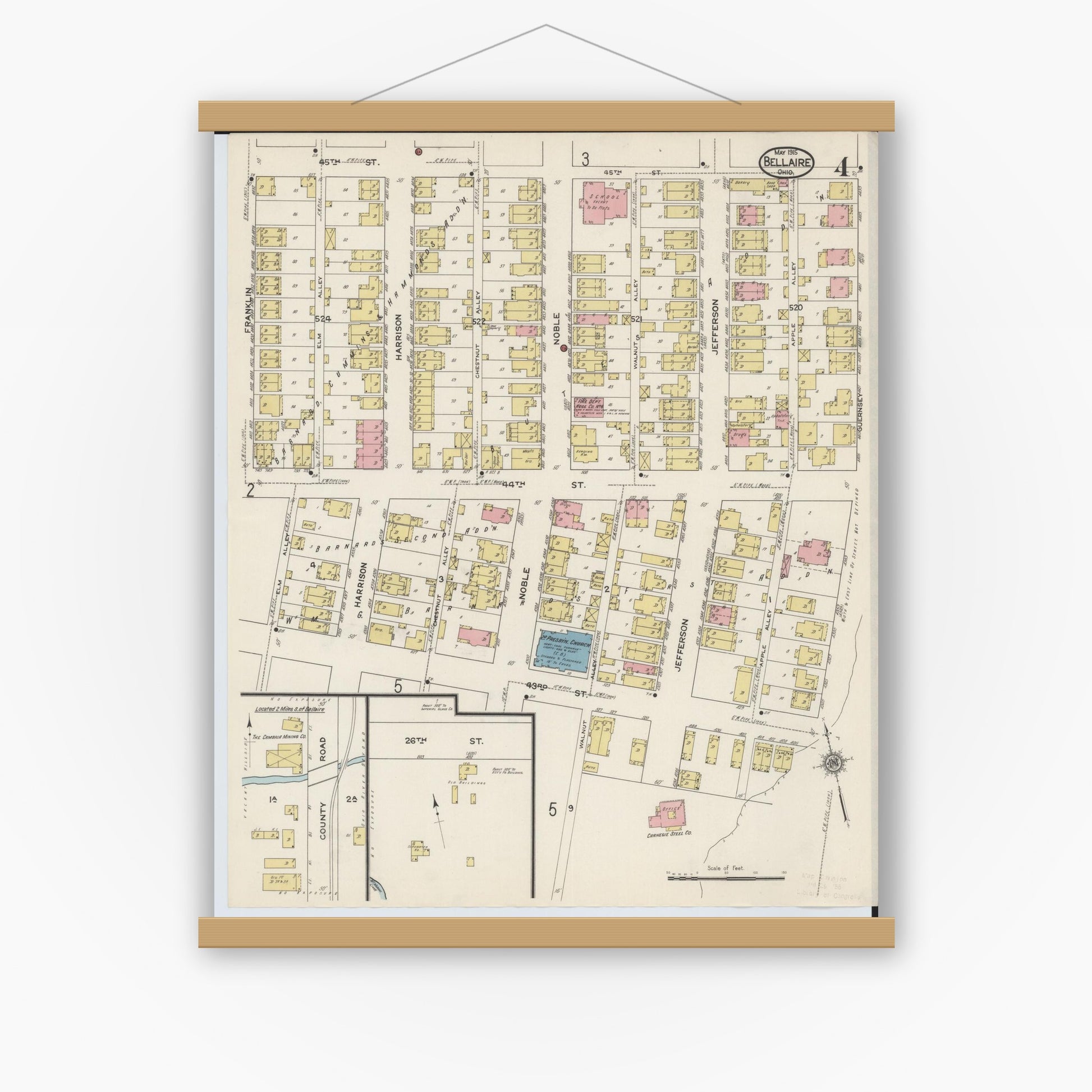 Old map wall art mockup — magnetic wood frame on white wall — Sanborn Fire Insurance Map from Bellaire, Belmont County, Ohio (1915), Sheet #0004