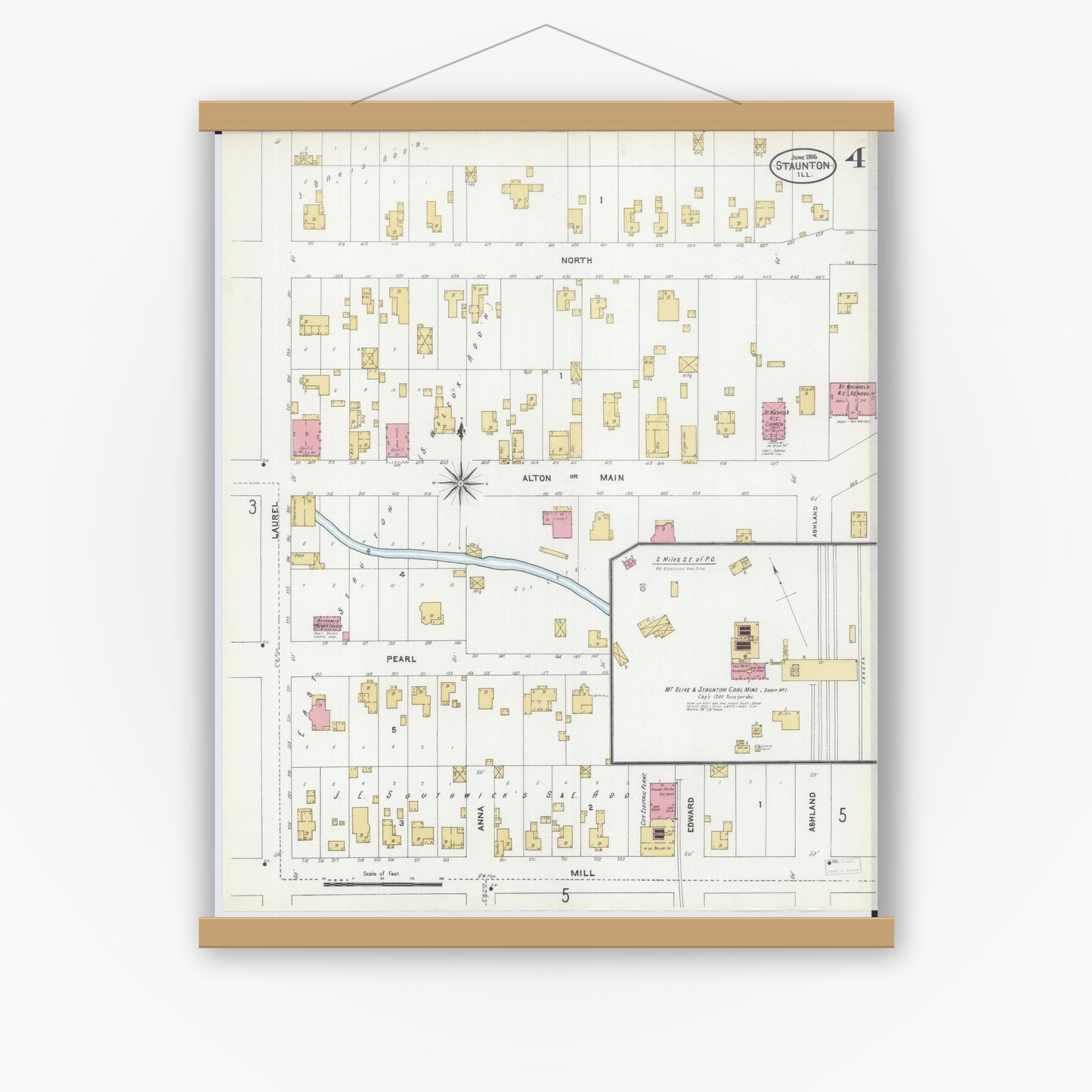 Old map wall art mockup — magnetic wood frame on white wall — Sanborn Fire Insurance Map from Staunton, Macoupin County, Illinois (1906), Sheet #0004