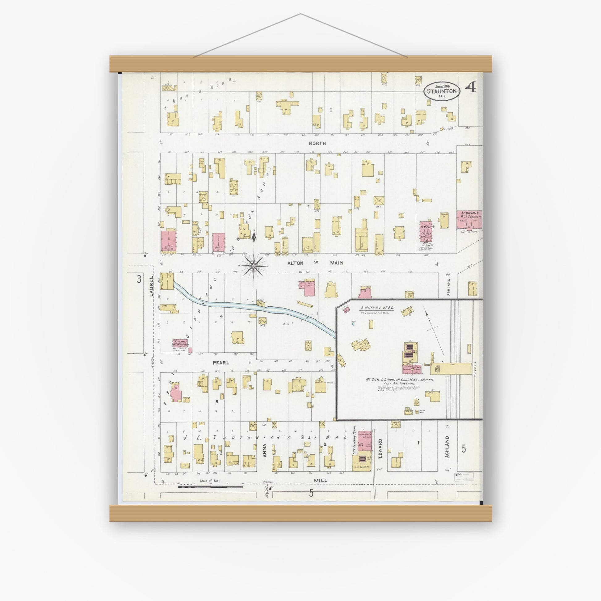Old map wall art mockup — magnetic wood frame on white wall — Sanborn Fire Insurance Map from Staunton, Macoupin County, Illinois (1906), Sheet #0004