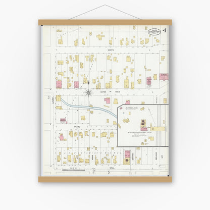 Old map wall art mockup — magnetic wood frame on white wall — Sanborn Fire Insurance Map from Staunton, Macoupin County, Illinois (1906), Sheet #0004