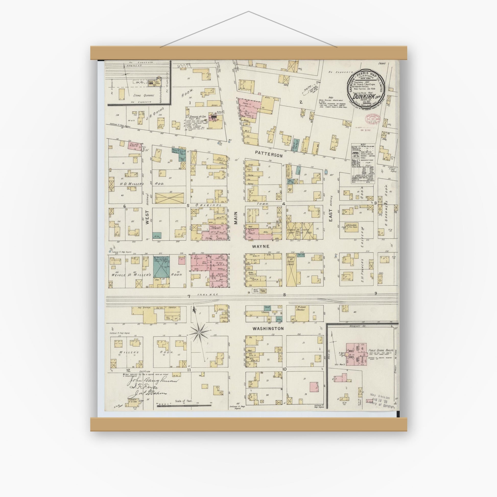 Old map wall art mockup — magnetic wood frame on white wall — Sanborn Fire Insurance Map from Dunkirk, Hardin County, Ohio (1895), Sheet #0001