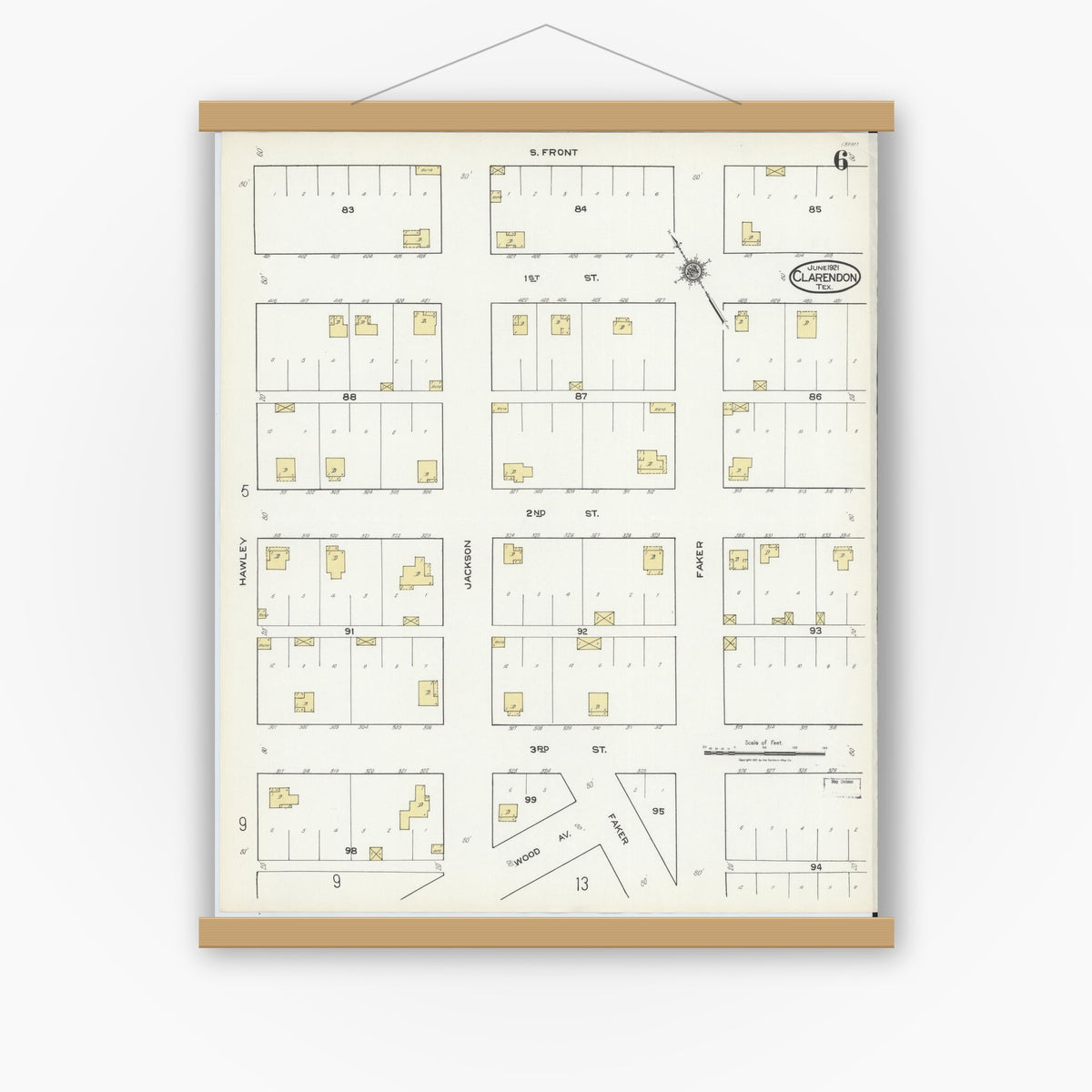 Old map wall art mockup — magnetic wood frame on white wall — Sanborn Fire Insurance Map from Clarendon, Donley County, Texas (1921), Sheet #0006