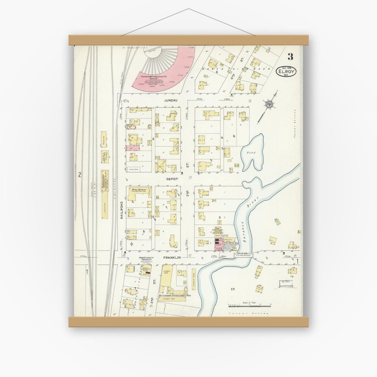 Old map wall art mockup — magnetic wood frame on white wall — Sanborn Fire Insurance Map from Elroy, Juneau County, Wisconsin (1914), Sheet #0003