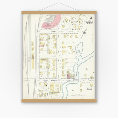 Old map wall art mockup — magnetic wood frame on white wall — Sanborn Fire Insurance Map from Elroy, Juneau County, Wisconsin (1914), Sheet #0003