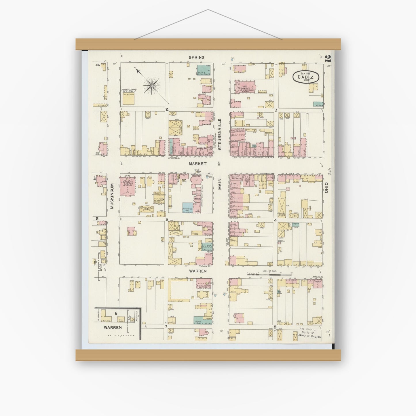 Old map wall art mockup — magnetic wood frame on white wall — Sanborn Fire Insurance Map from Cadiz, Harrison County, Ohio (1892), Sheet #0002