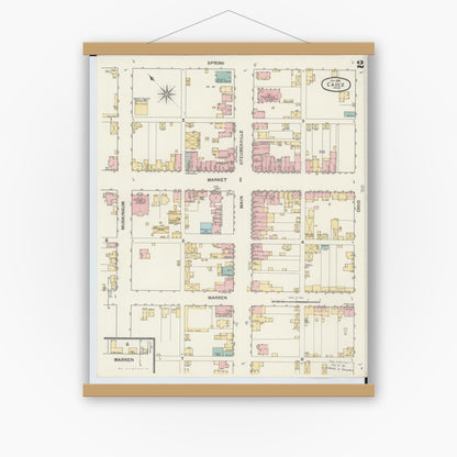 Old map wall art mockup — magnetic wood frame on white wall — Sanborn Fire Insurance Map from Cadiz, Harrison County, Ohio (1892), Sheet #0002