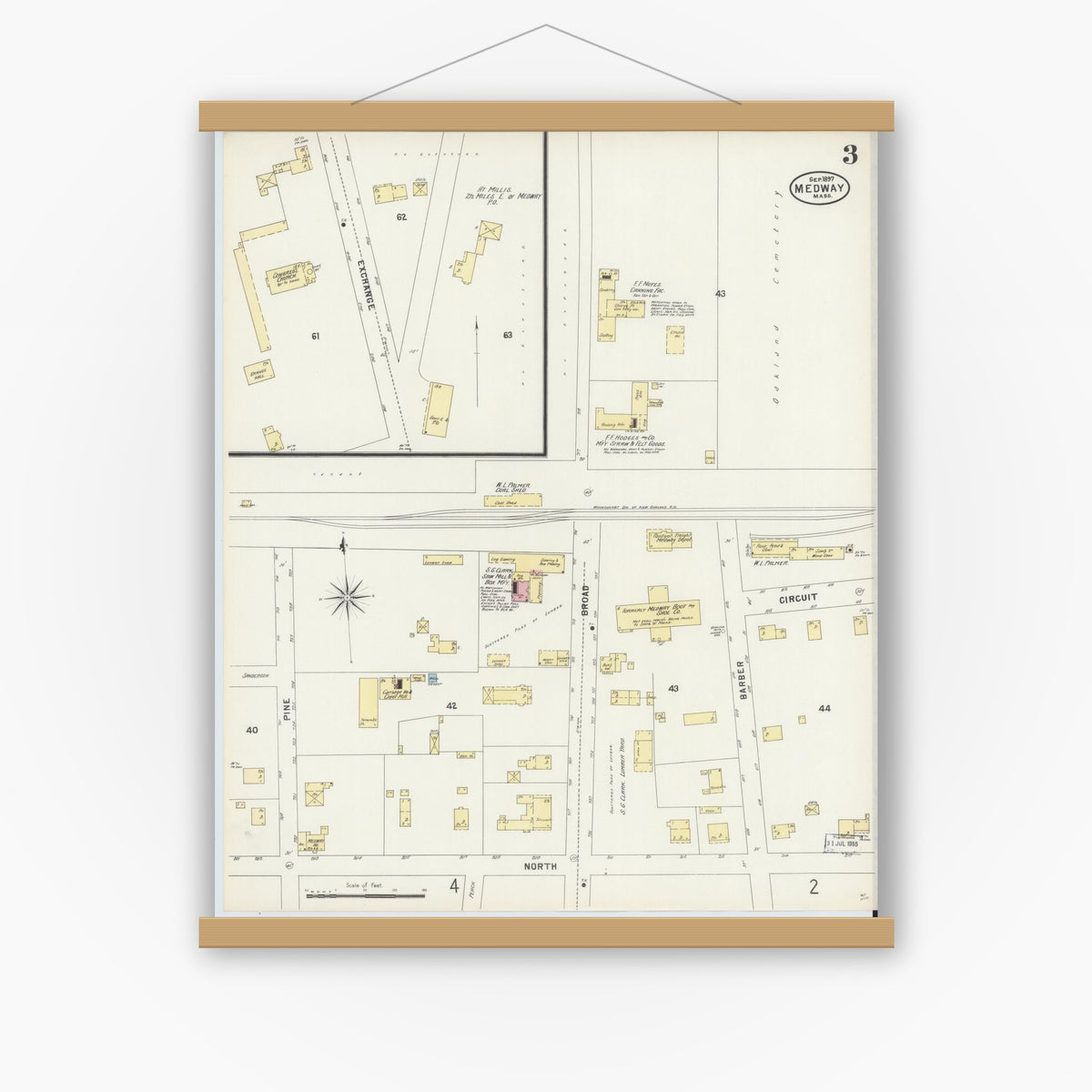 Old map wall art mockup — magnetic wood frame on white wall — Sanborn Fire Insurance Map from Medway, Norfolk County, Massachusetts (1897), Sheet #0003