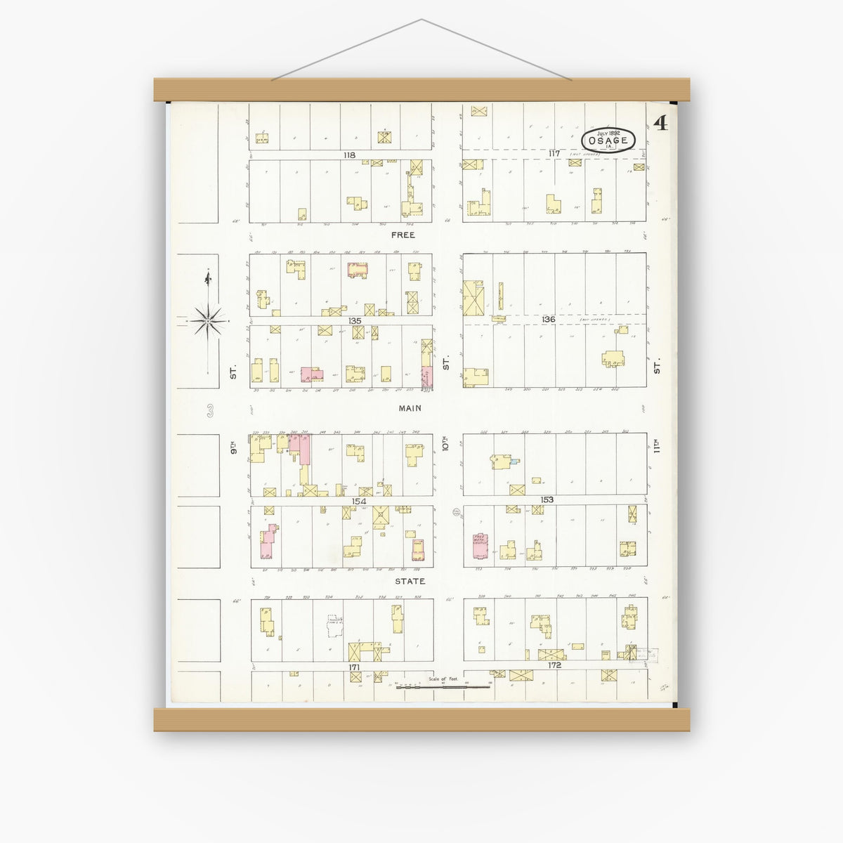 Old map wall art mockup — magnetic wood frame on white wall — Sanborn Fire Insurance Map from Osage, Mitchell County, Iowa (1892), Sheet #0004