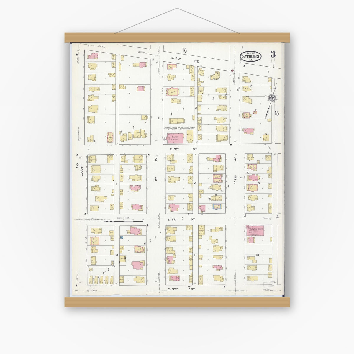Old map wall art mockup — magnetic wood frame on white wall — Sanborn Fire Insurance Map from Sterling, Whiteside County, Illinois (1916), Sheet #0003