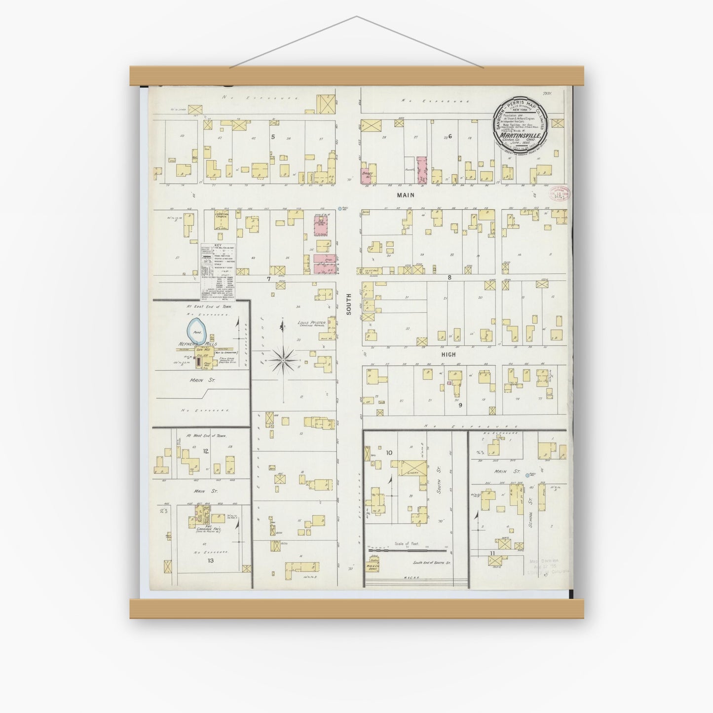 Old map wall art mockup — magnetic wood frame on white wall — Sanborn Fire Insurance Map from Martinsville, Clinton County, Ohio (1895), Sheet #0001