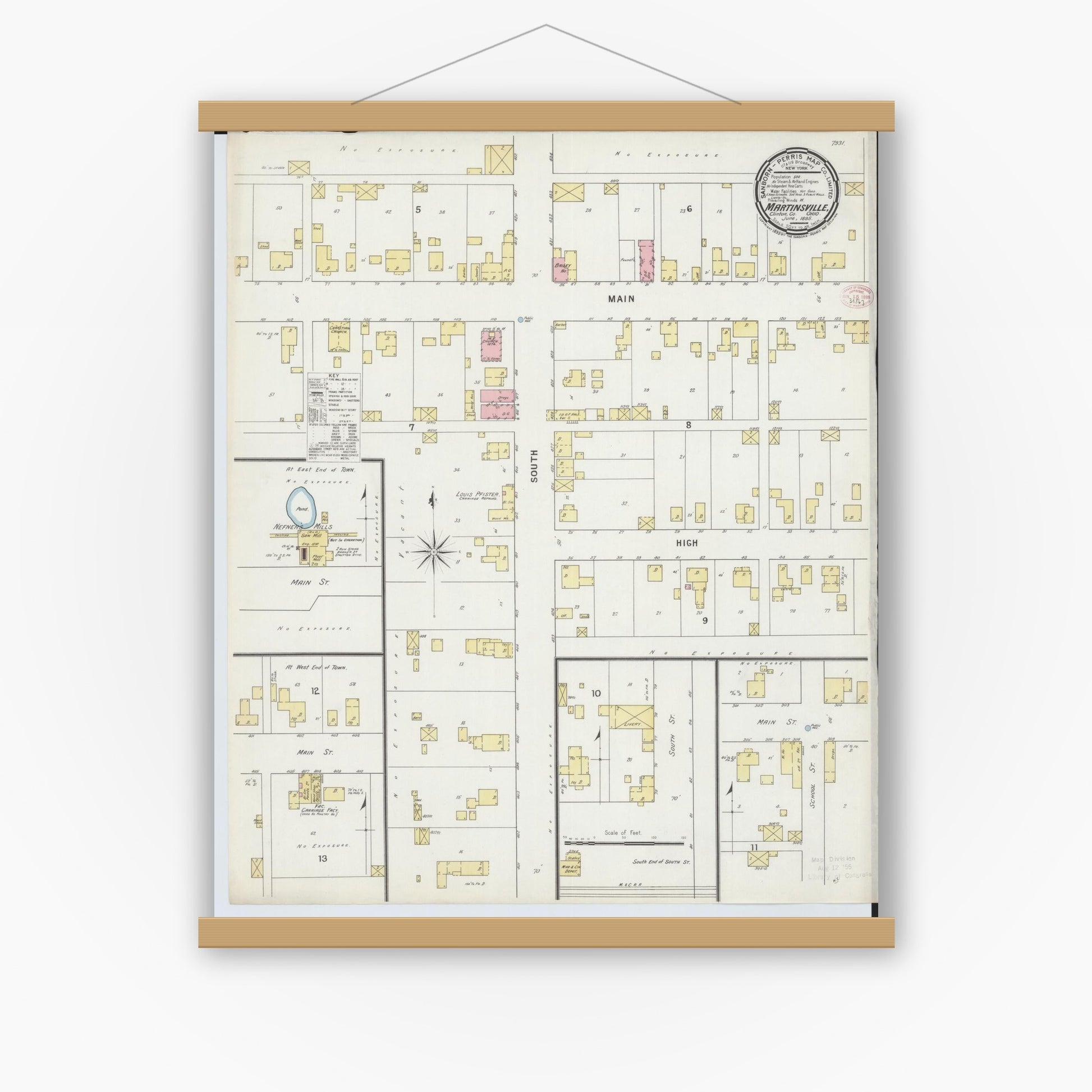 Old map wall art mockup — magnetic wood frame on white wall — Sanborn Fire Insurance Map from Martinsville, Clinton County, Ohio (1895), Sheet #0001