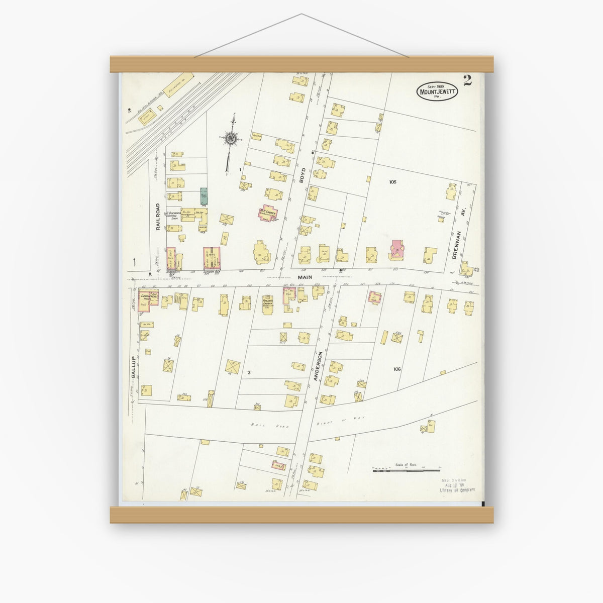 Old map wall art mockup — magnetic wood frame on white wall — Sanborn Fire Insurance Map from Mount Jewett, McKean County, Pennsylvania (1909), Sheet #0002